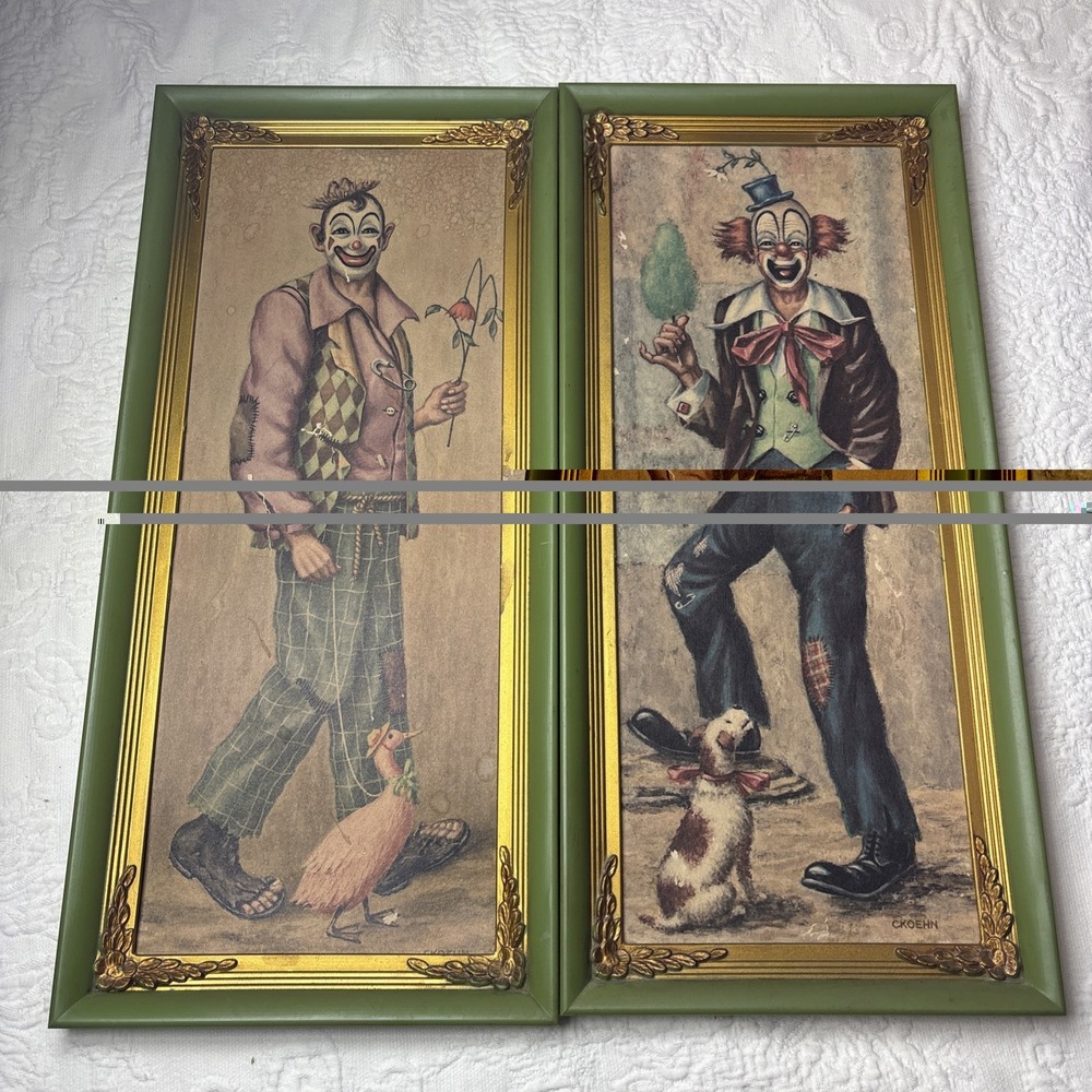 Vintage Pair x2 Set Marked C. Koehn  Wall Hang Eclectic Unique Clown Art 15x6"
